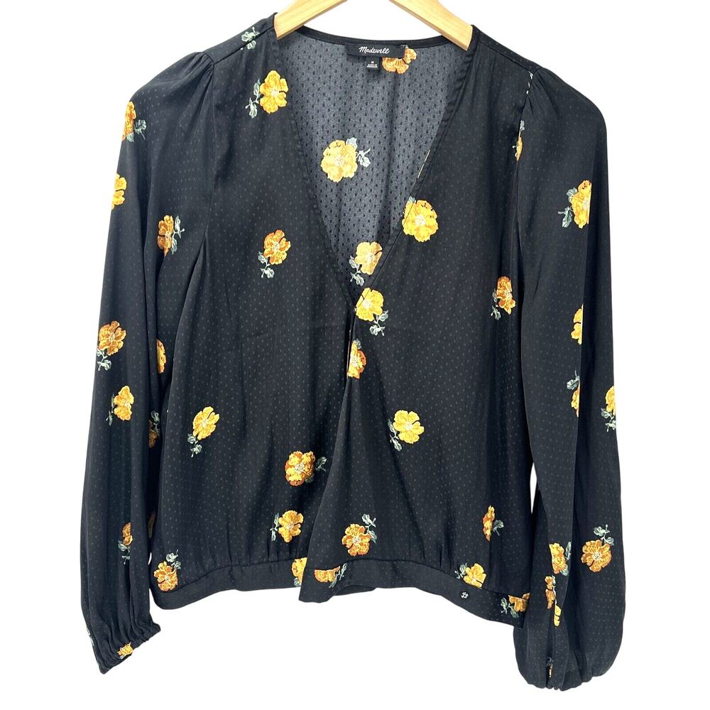 Madewell Blouse Womens‎ Medium Black Floral Satin Crop Faux Wrap V-Neck Top